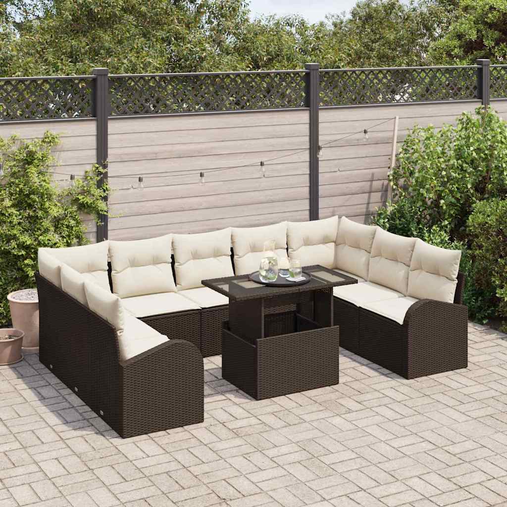 Gartensofa-set mit Speicher 10 pcs Braun und Creme Poly-Rattan