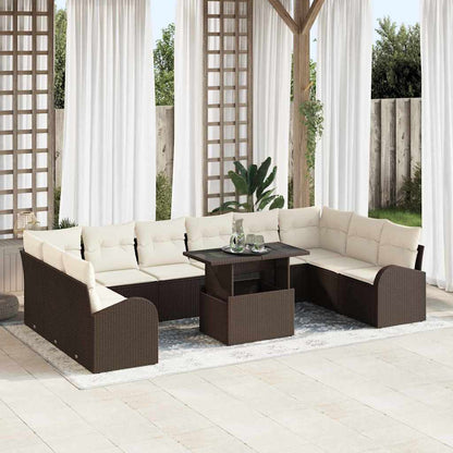 Gartensofa-set mit Speicher 11 pcs Braun und Creme Poly-Rattan