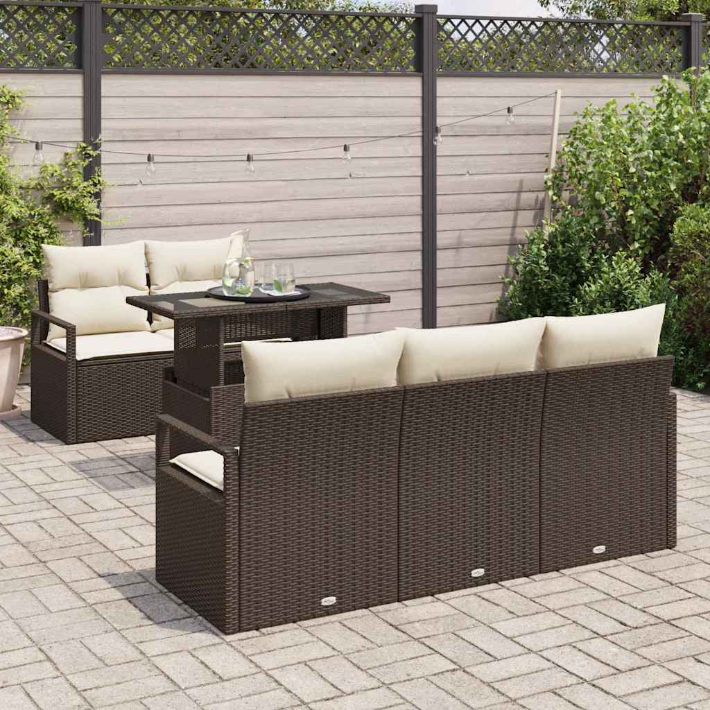 Gartensofa-set mit Speicher 6 pcs Braun und Creme Poly-Rattan