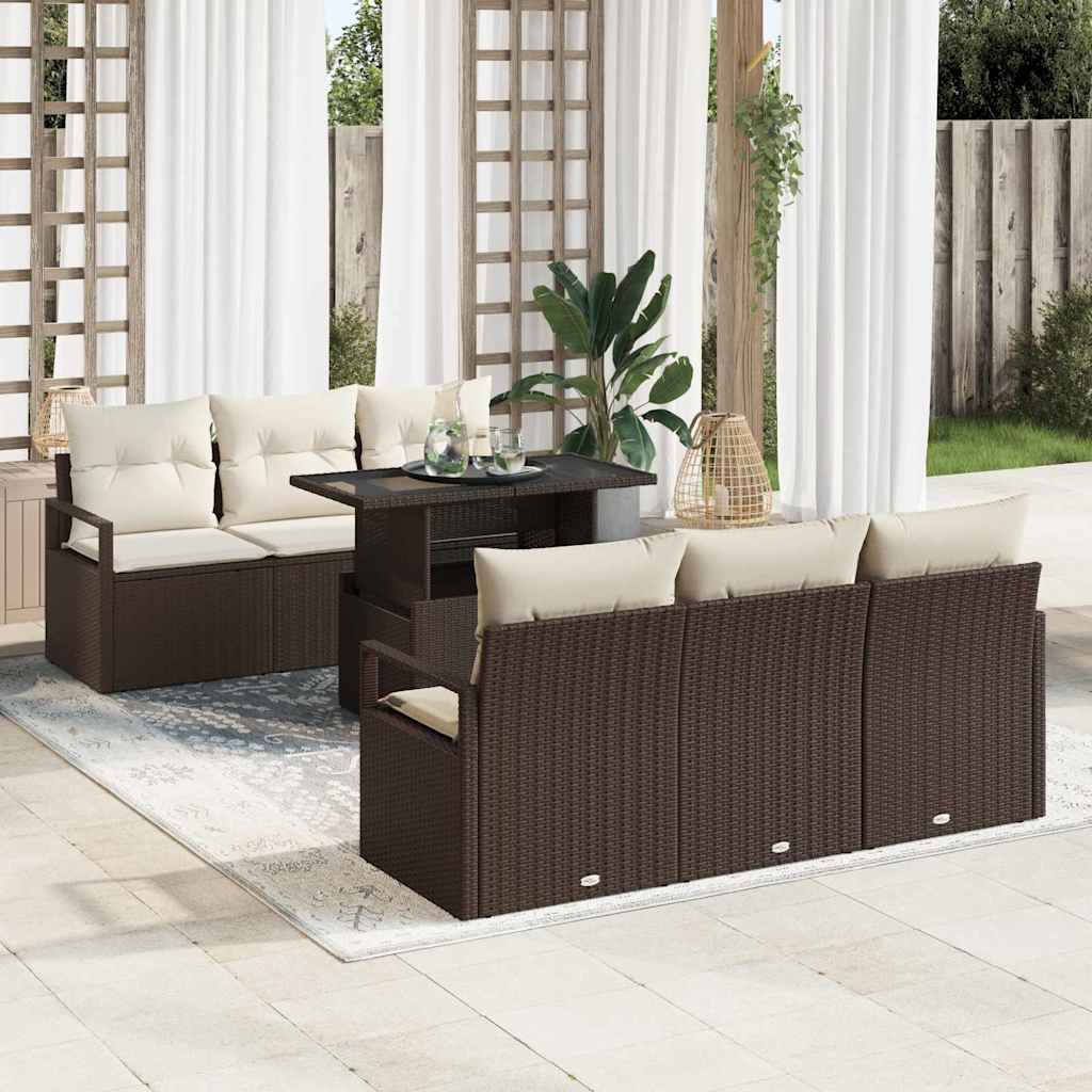 Gartensofa-set mit Speicher 7 pcs Braun und Creme Poly-Rattan