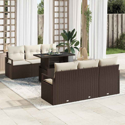 Gartensofa-set mit Speicher 7 pcs Braun und Creme Poly-Rattan