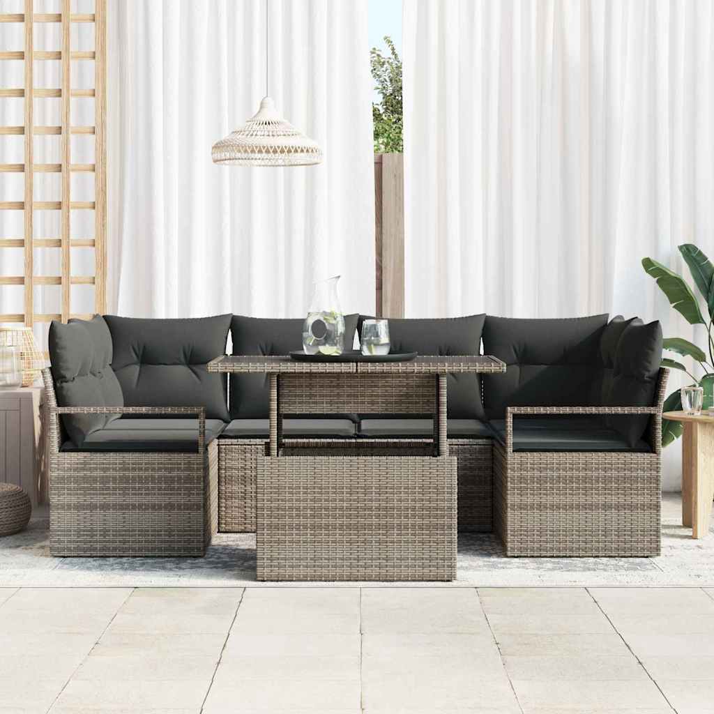 Gartensofa-set mit Speicher mit Kissen 7 pcs Grau Poly-Rattan