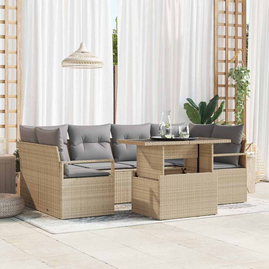 Gartensofa-set mit Speicher mit Kissen 7 pcs Beige Poly-Rattan