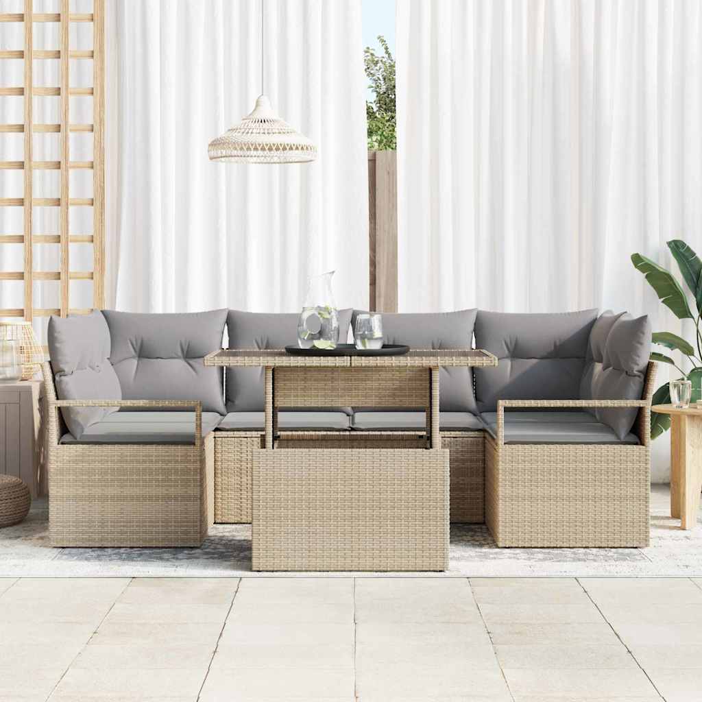 Gartensofa-set mit Speicher mit Kissen 7 pcs Beige Poly-Rattan