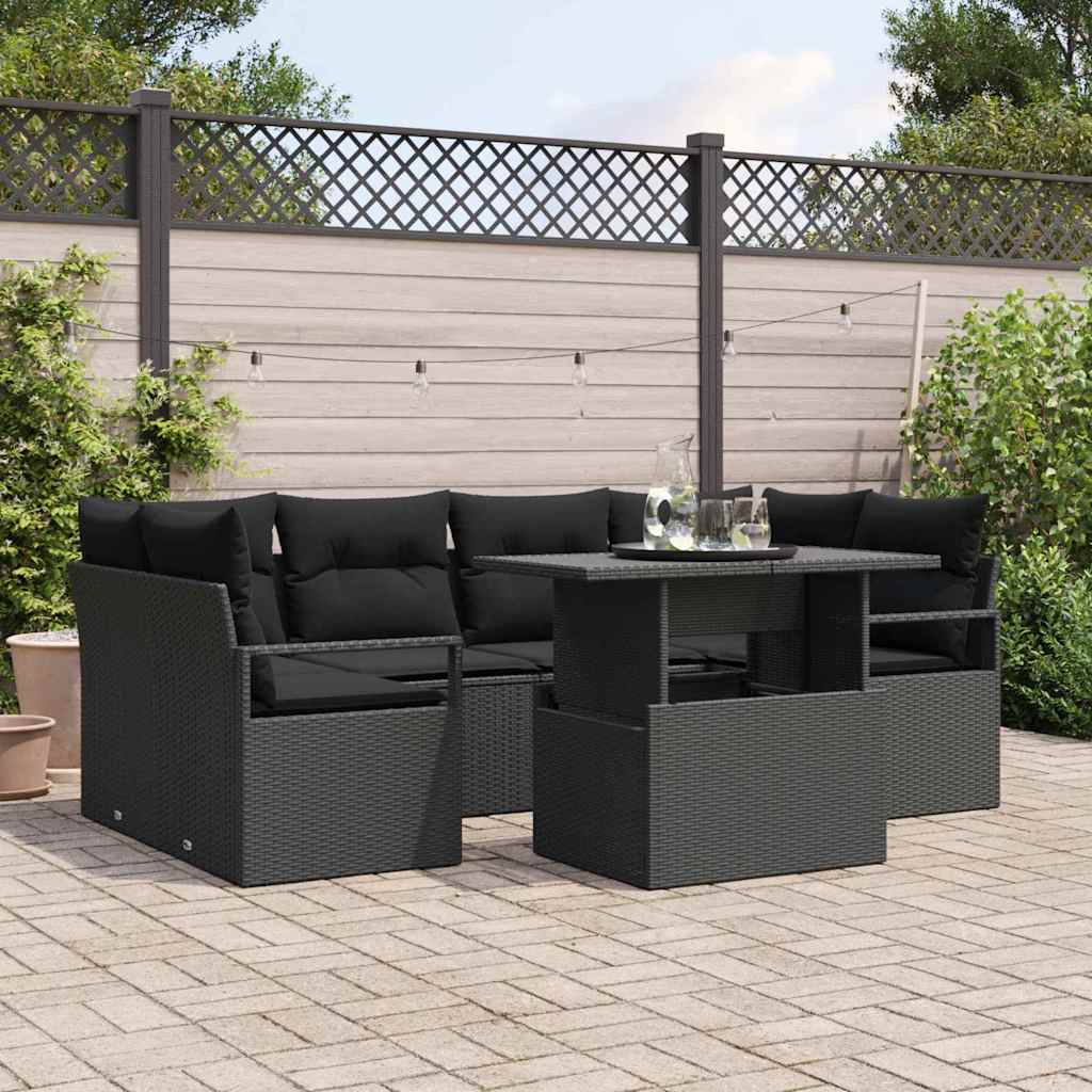Gartensofa-set mit Speicher 7 pcs Schwarz Poly-Rattan