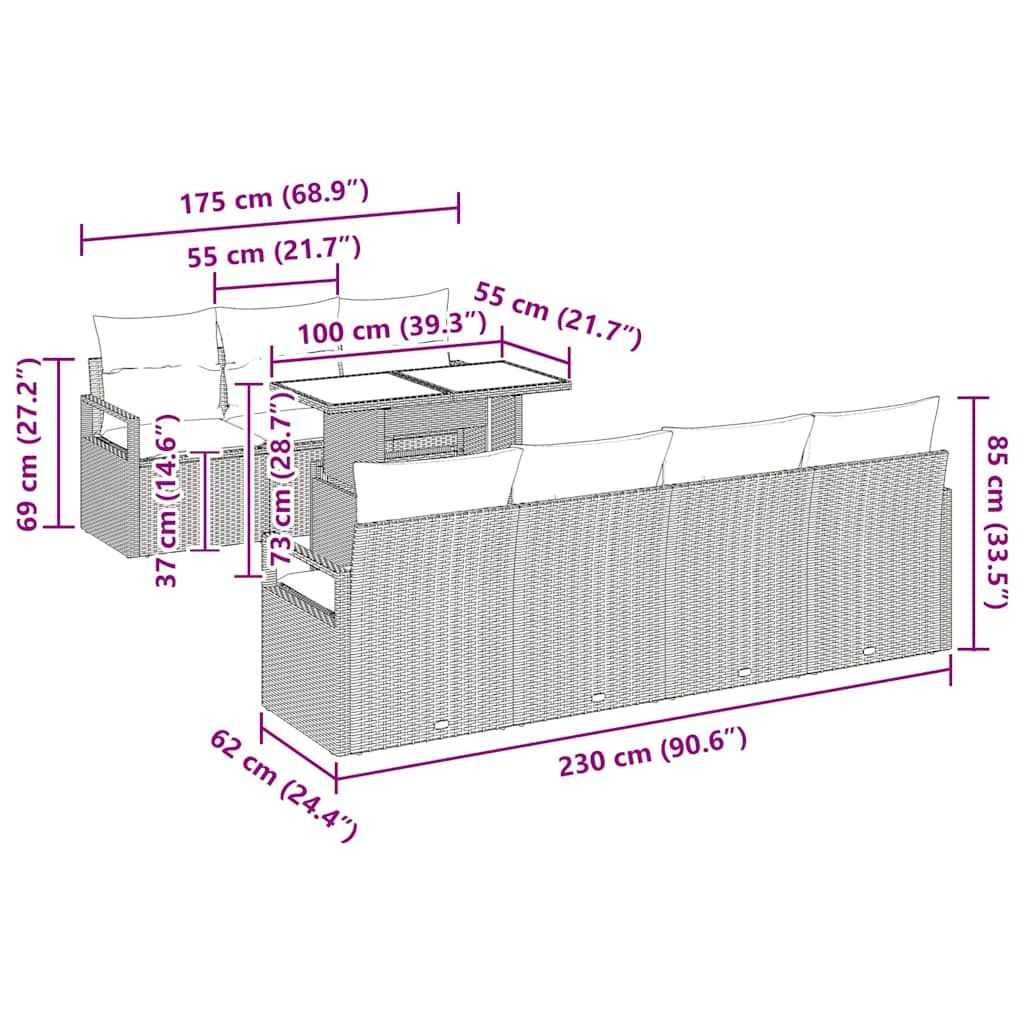 Garten-Sofa-Set mit Kissen 8 pcs Braun und Creme Poly-Rattan