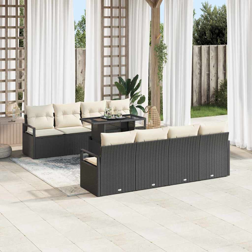 Gartensofa-set mit Speicher 9 pcs Schwarz und Creme Poly-Rattan