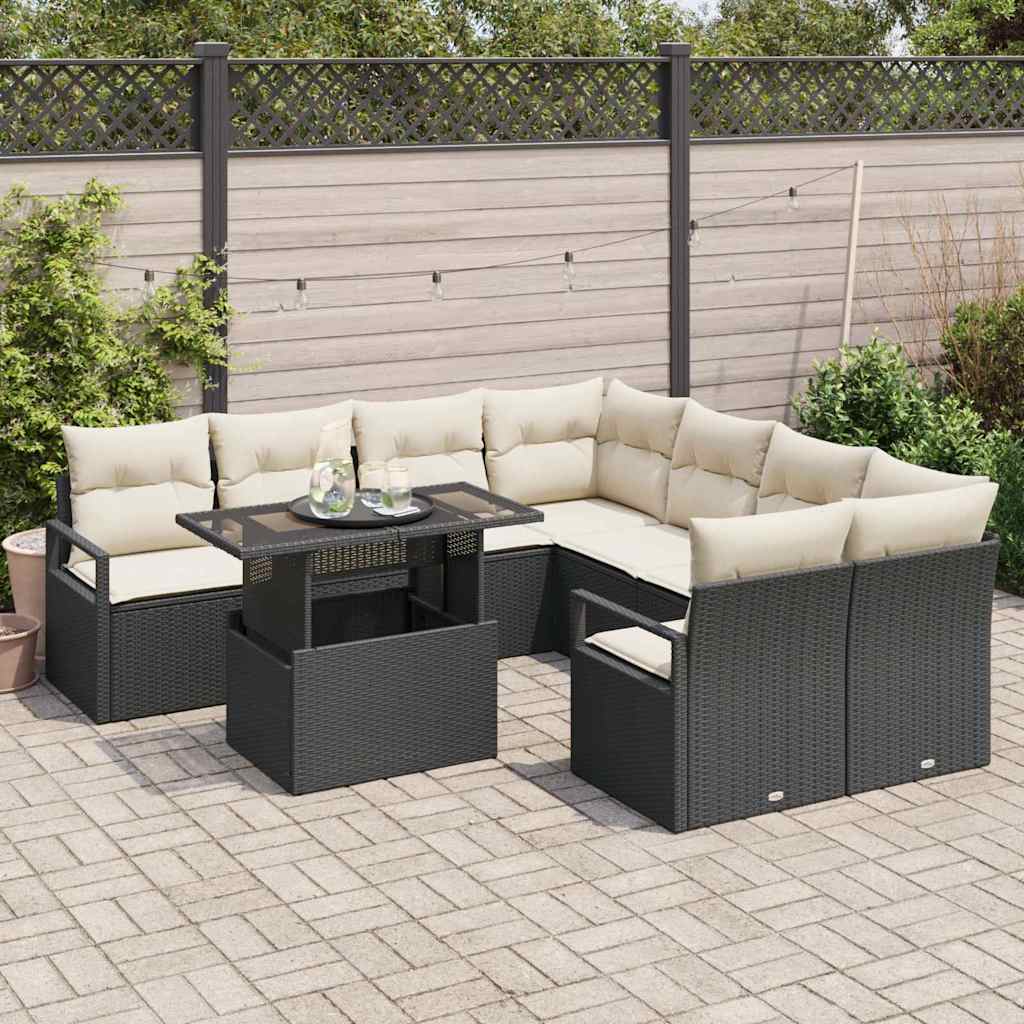 Gartensofa-set mit Speicher 9 pcs Schwarz und Creme Poly-Rattan