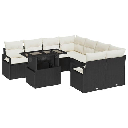 Gartensofa-set mit Speicher 9 pcs Schwarz und Creme Poly-Rattan