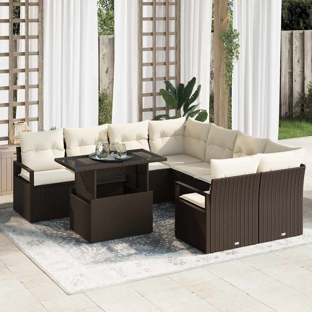 Garten-Sofa-Set mit Kissen 9 pcs Braun und Creme Poly-Rattan