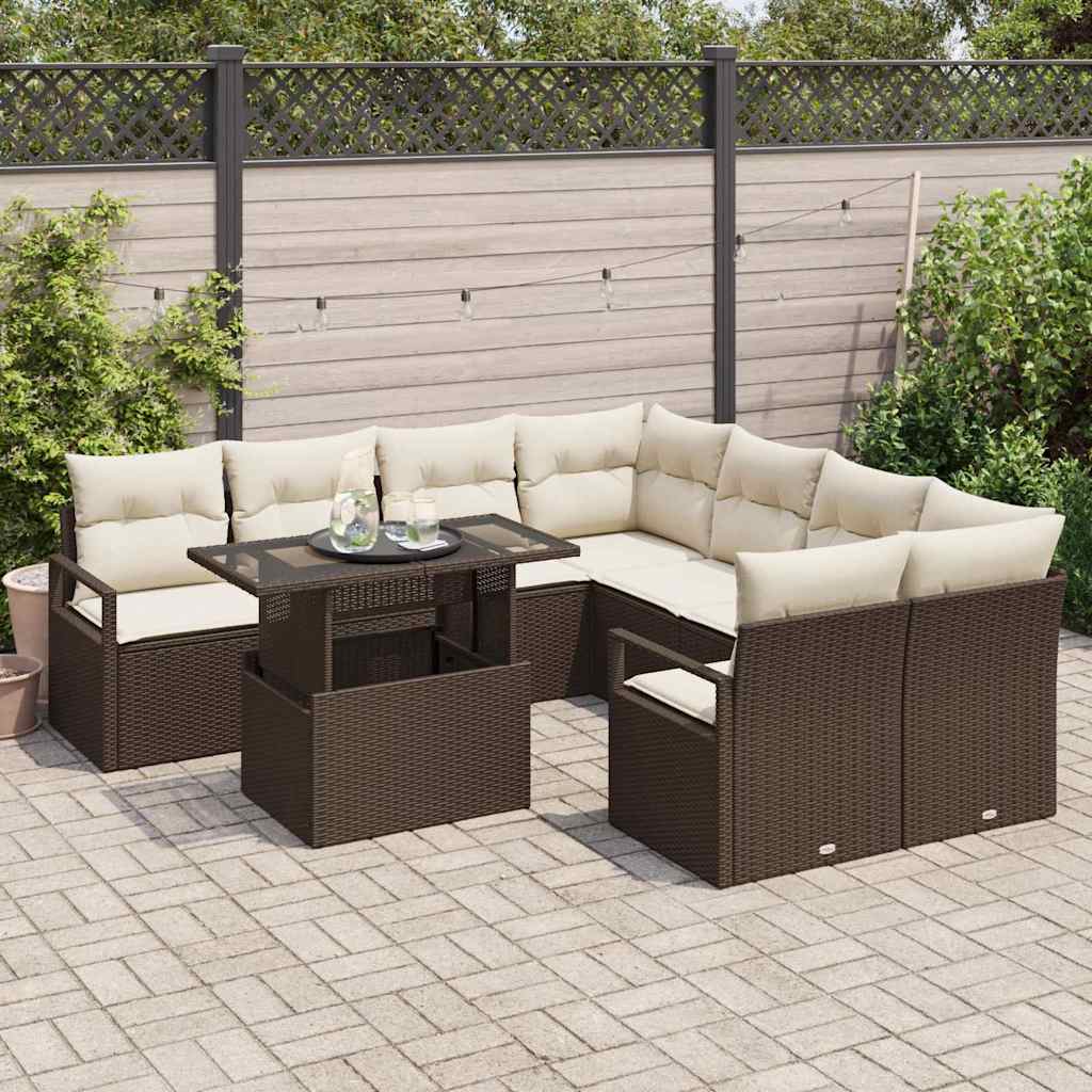 Garten-Sofa-Set mit Kissen 9 pcs Braun und Creme Poly-Rattan