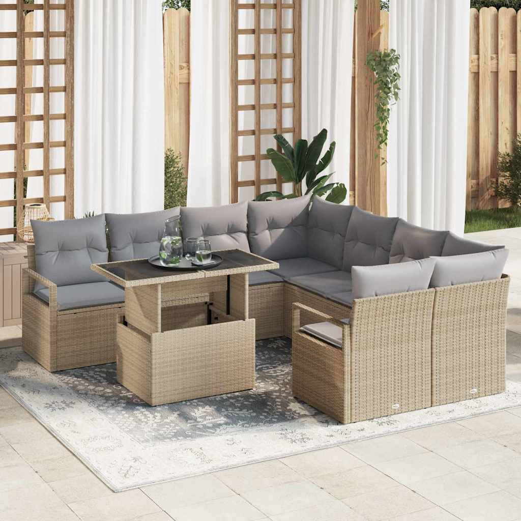 Garten-Sofa-Set mit Kissen 9 pcs Beige und Hellgrau Poly-Rattan