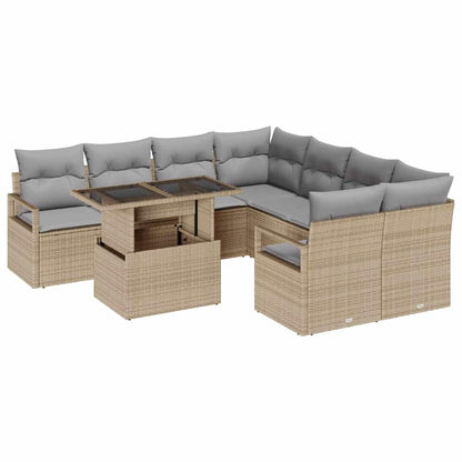 Garten-Sofa-Set mit Kissen 9 pcs Beige und Hellgrau Poly-Rattan
