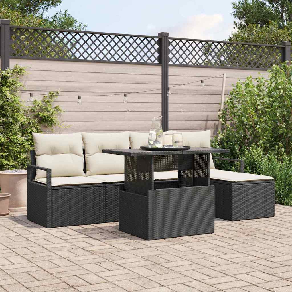 Gartensofa-set mit Speicher 6 pcs Schwarz und Creme Poly-Rattan