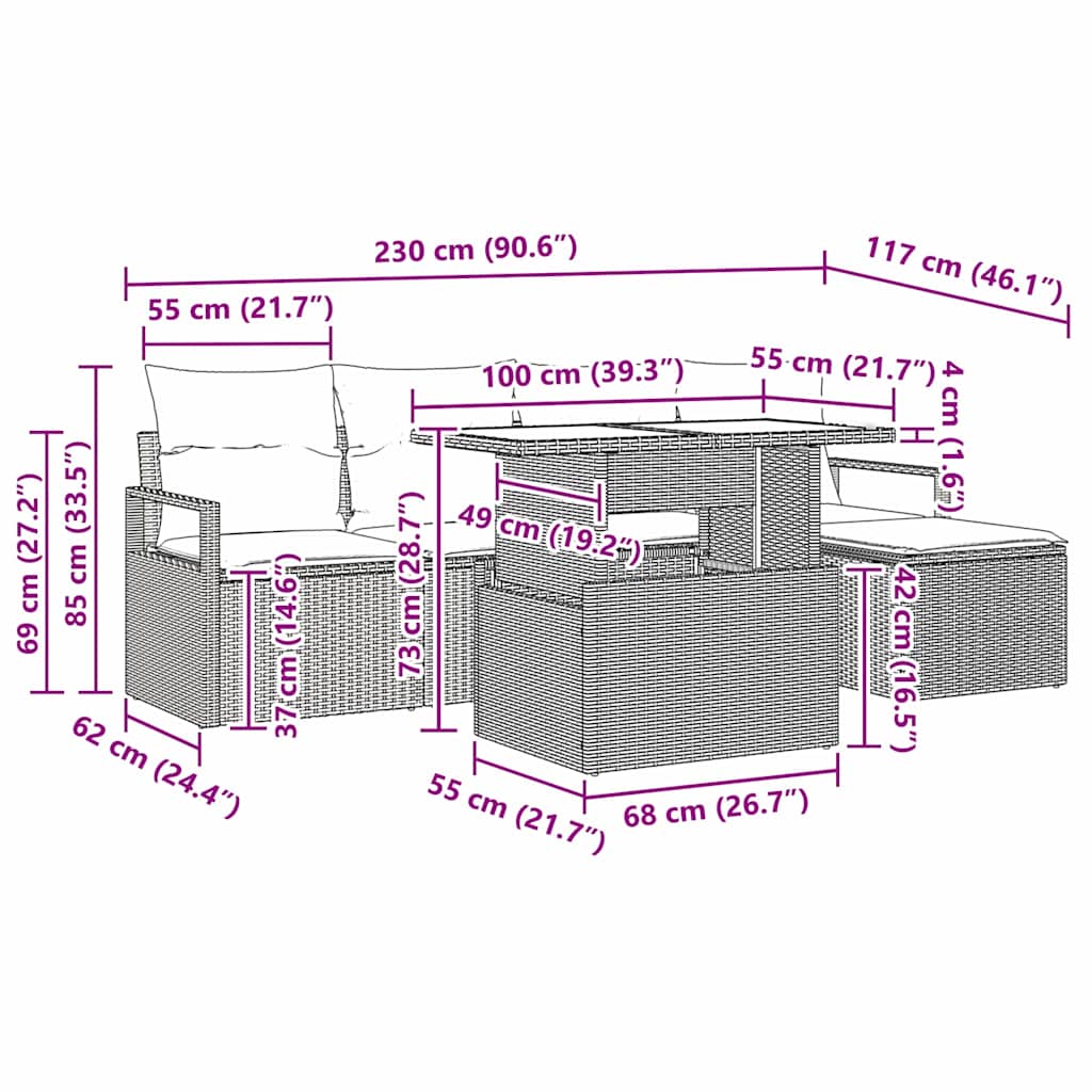 Garten-Sofa-Set mit Kissen 6 pcs Grau