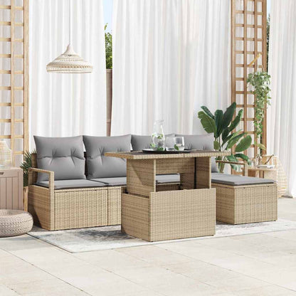 Garten-Sofa-Set mit Kissen 6 pcs Beige und Hellgrau Poly-Rattan