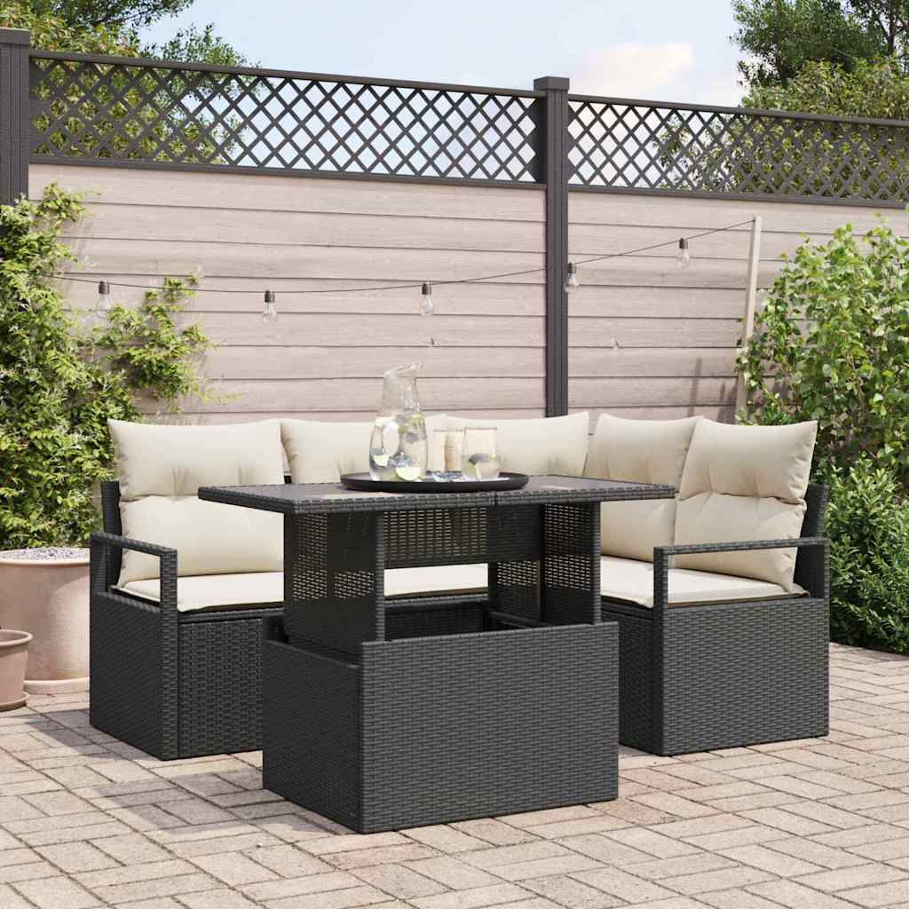 Garten-Sofa-Set mit Kissen 5 pcs Schwarz und Creme Poly-Rattan
