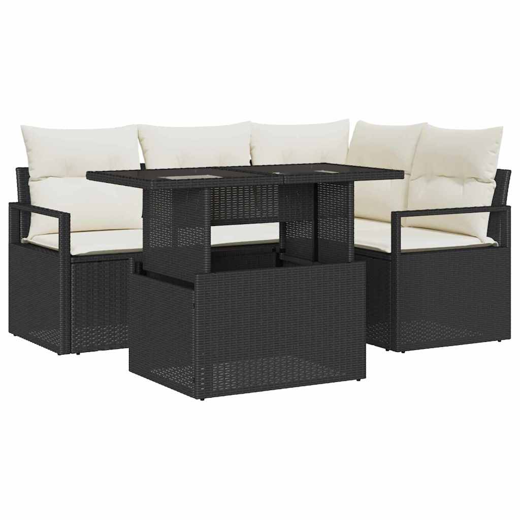 Garten-Sofa-Set mit Kissen 5 pcs Schwarz und Creme Poly-Rattan