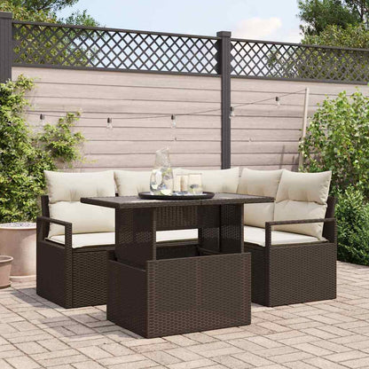 Garten-Sofa-Set mit Kissen 5 pcs Braun und Creme Poly-Rattan