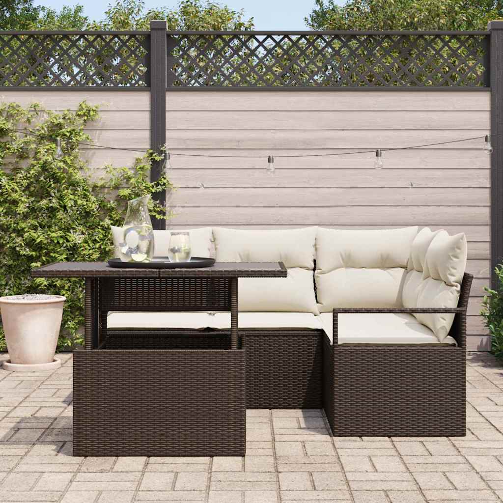 Garten-Sofa-Set mit Kissen 5 pcs Braun und Creme Poly-Rattan
