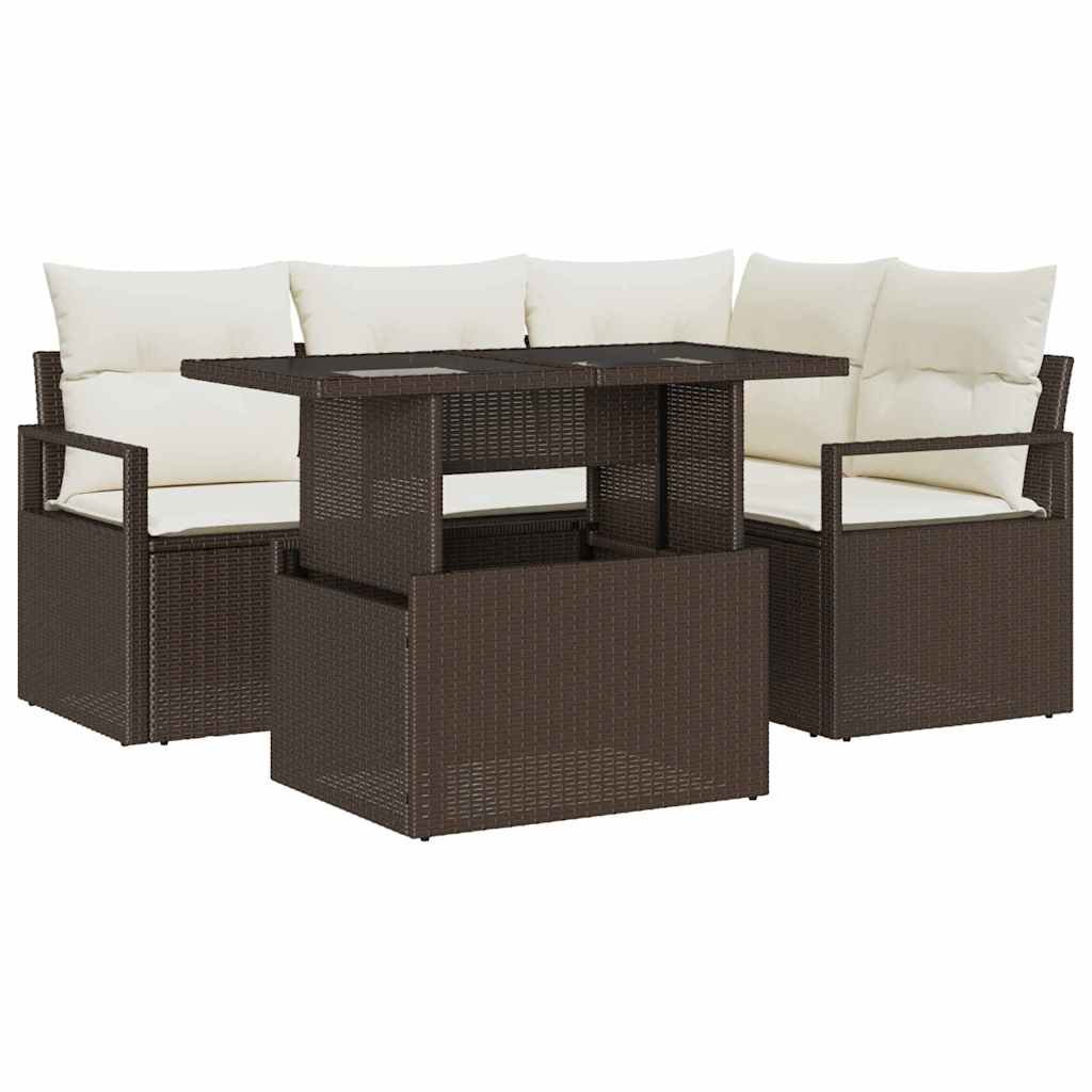 Garten-Sofa-Set mit Kissen 5 pcs Braun und Creme Poly-Rattan