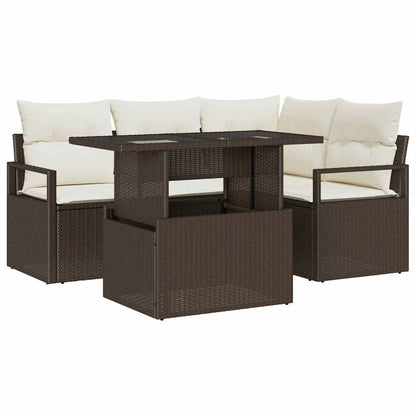 Garten-Sofa-Set mit Kissen 5 pcs Braun und Creme Poly-Rattan