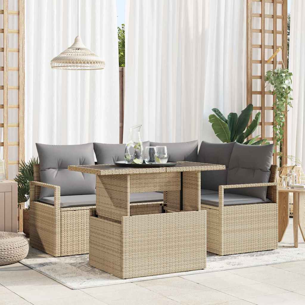 Garten-Sofa-Set mit Kissen 5 pcs Beige und Hellgrau Poly-Rattan