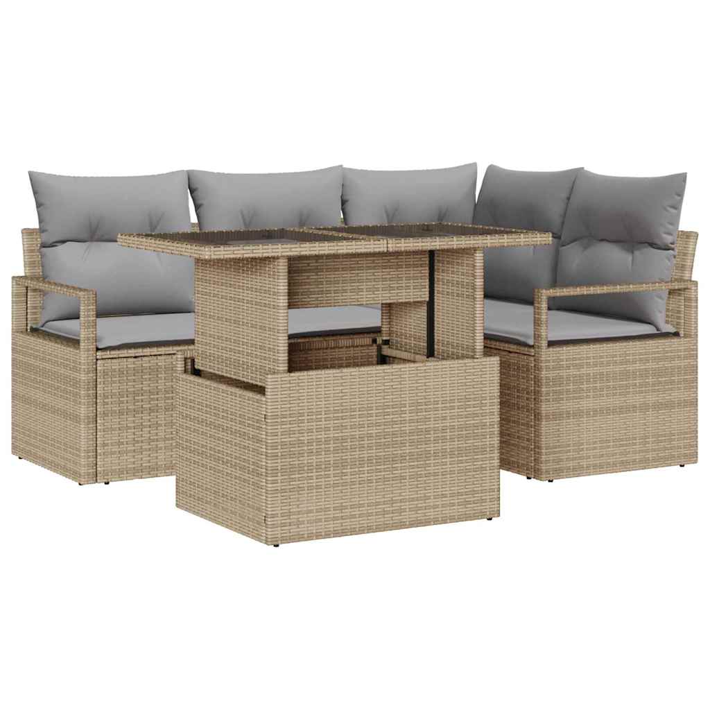 Garten-Sofa-Set mit Kissen 5 pcs Beige und Hellgrau Poly-Rattan