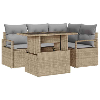 Garten-Sofa-Set mit Kissen 5 pcs Beige und Hellgrau Poly-Rattan