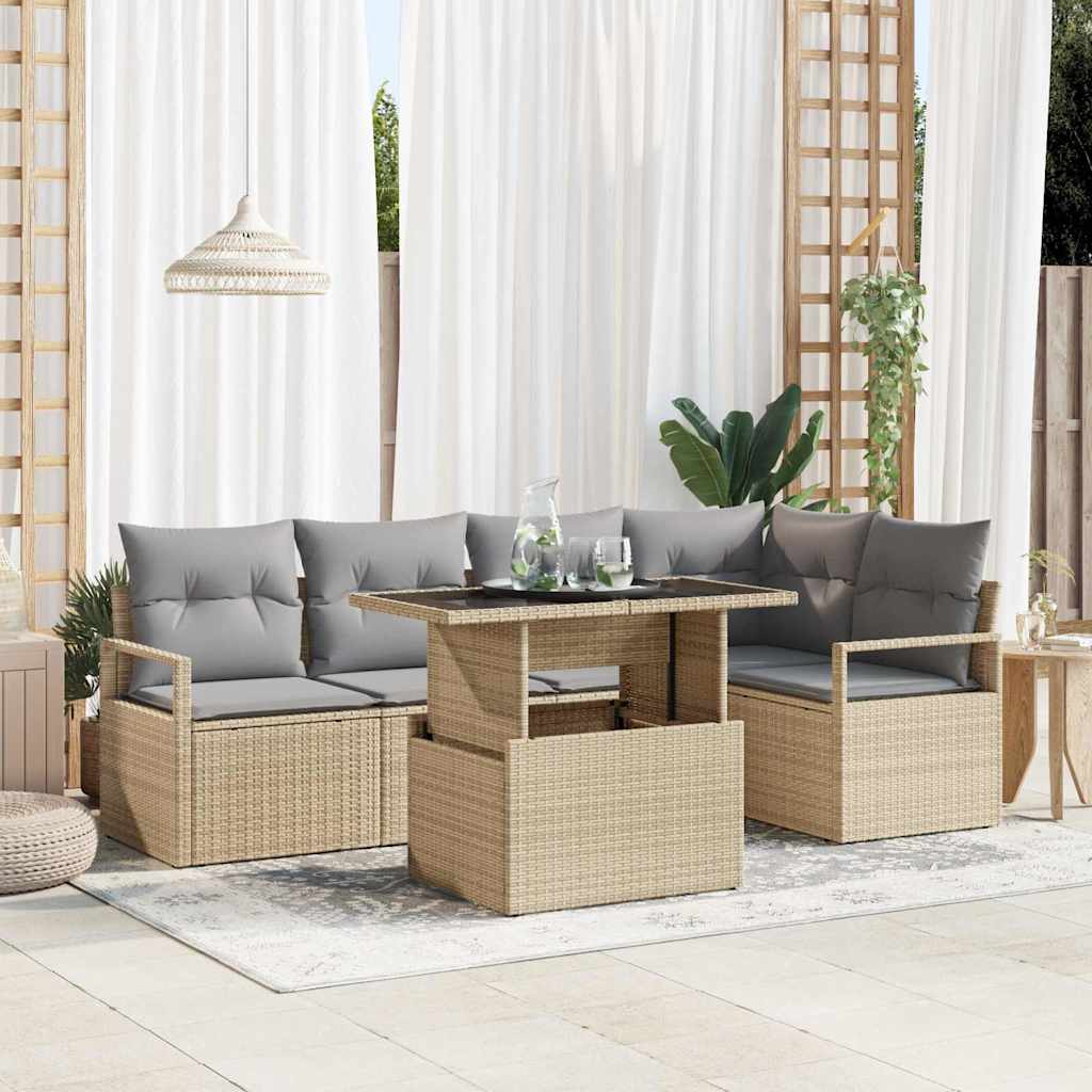 Garten-Sofa-Set mit Kissen 6 pcs Beige und Hellgrau Poly-Rattan