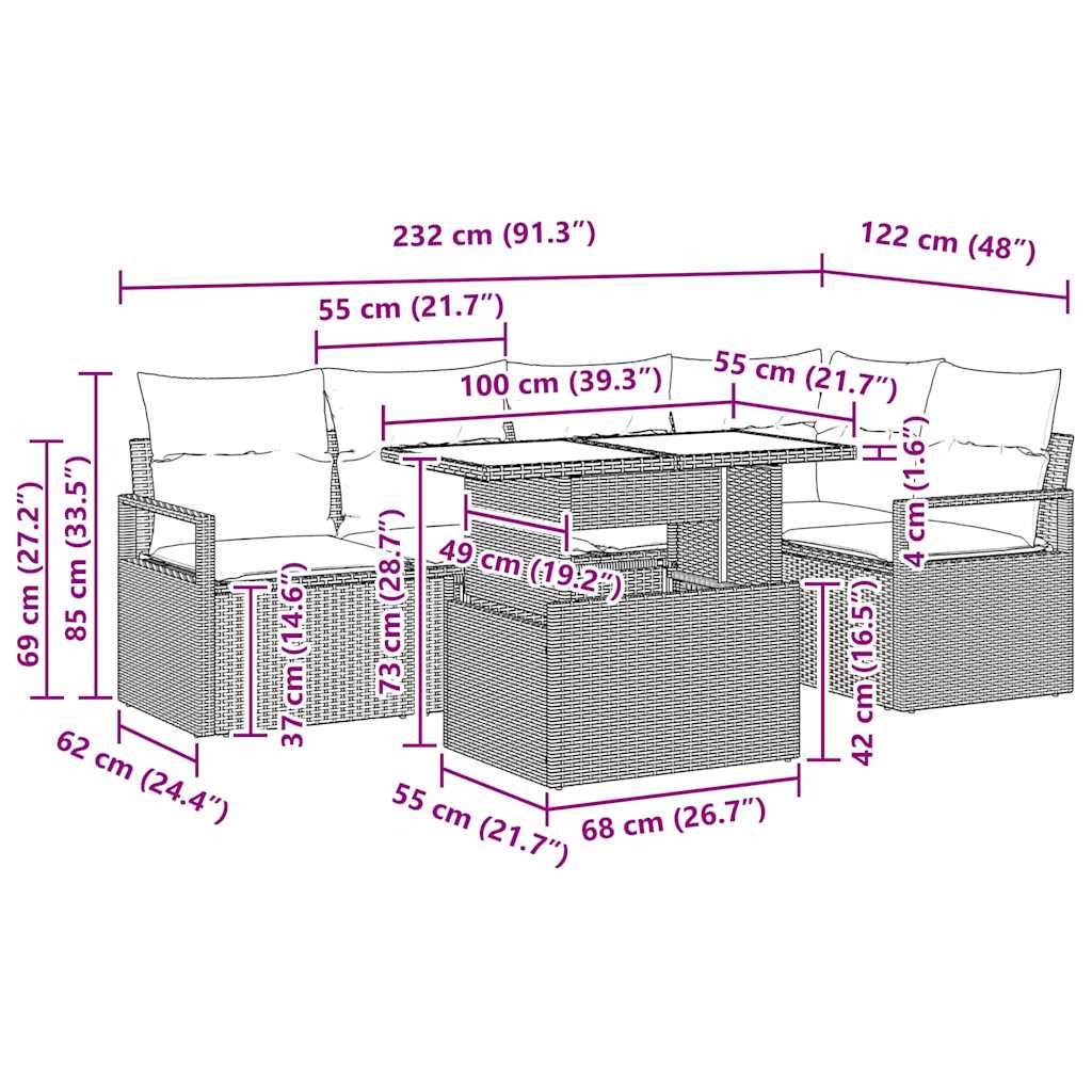 vidaXL Garten-Sofa-Set mit Kissen 6 pcs Hellgrau Poly-Rattan