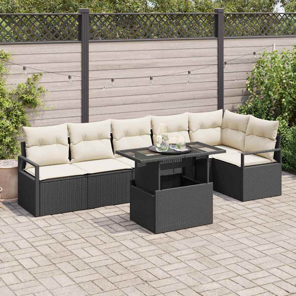 Garten-Sofa-Set mit Kissen 7 pcs Schwarz Poly Rattan