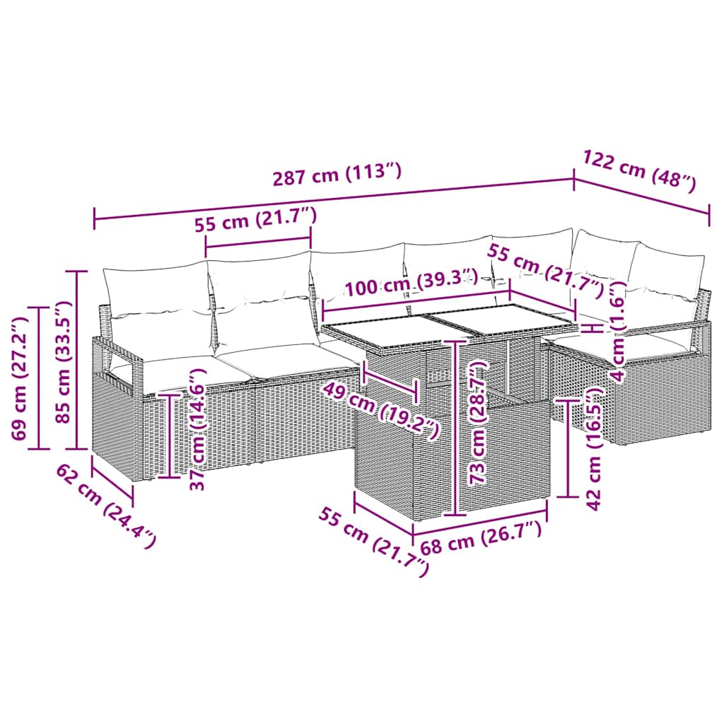 vidaXL Garten-Sofa-Set mit Kissen 7 pcs Grau Poly Rattan