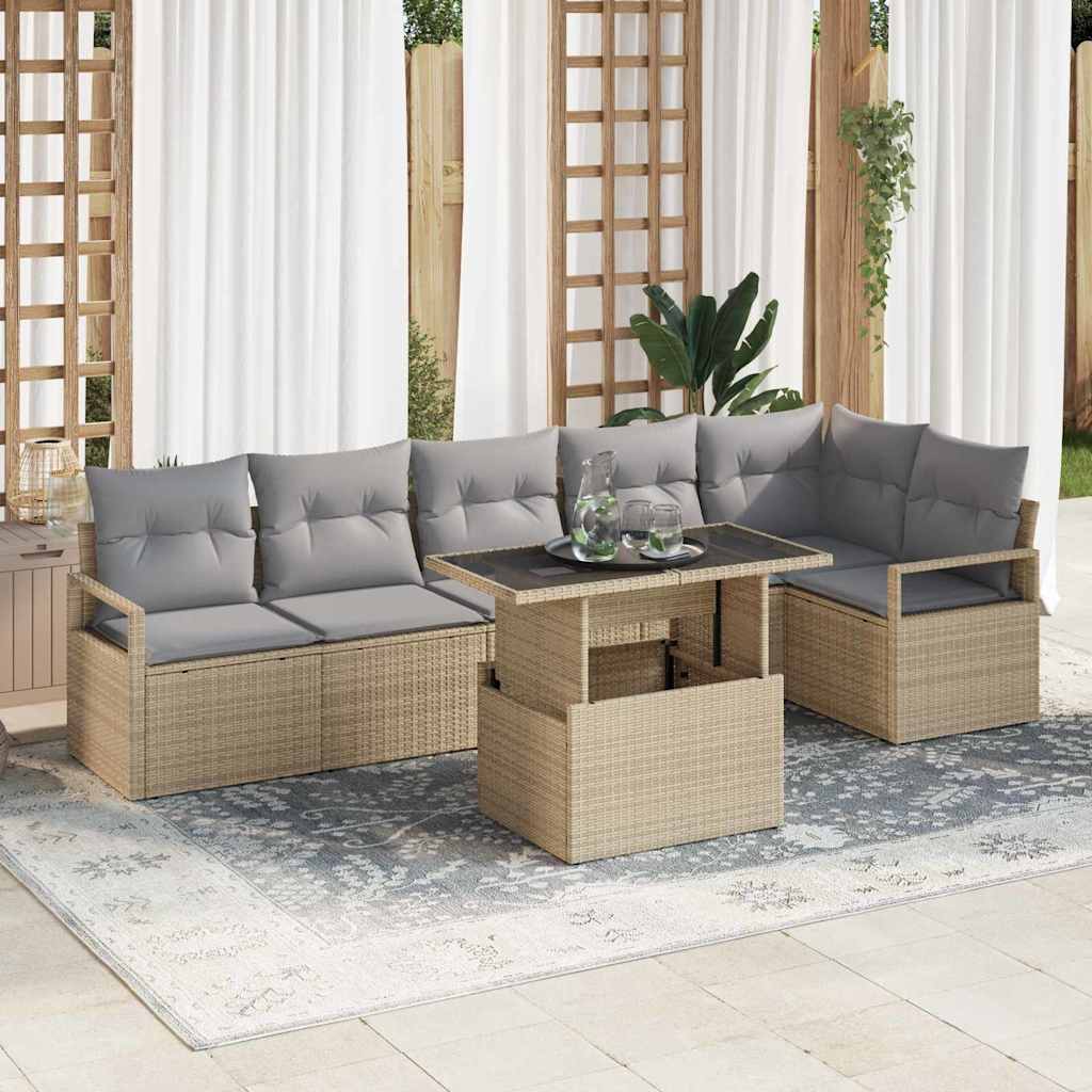 vidaXL Garten-Sofa-Set mit Kissen 7 pcs Beige Poly Rattan