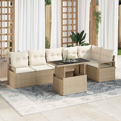 Garten-Sofa-Set mit Kissen 7 pcs Beige Poly Rattan
