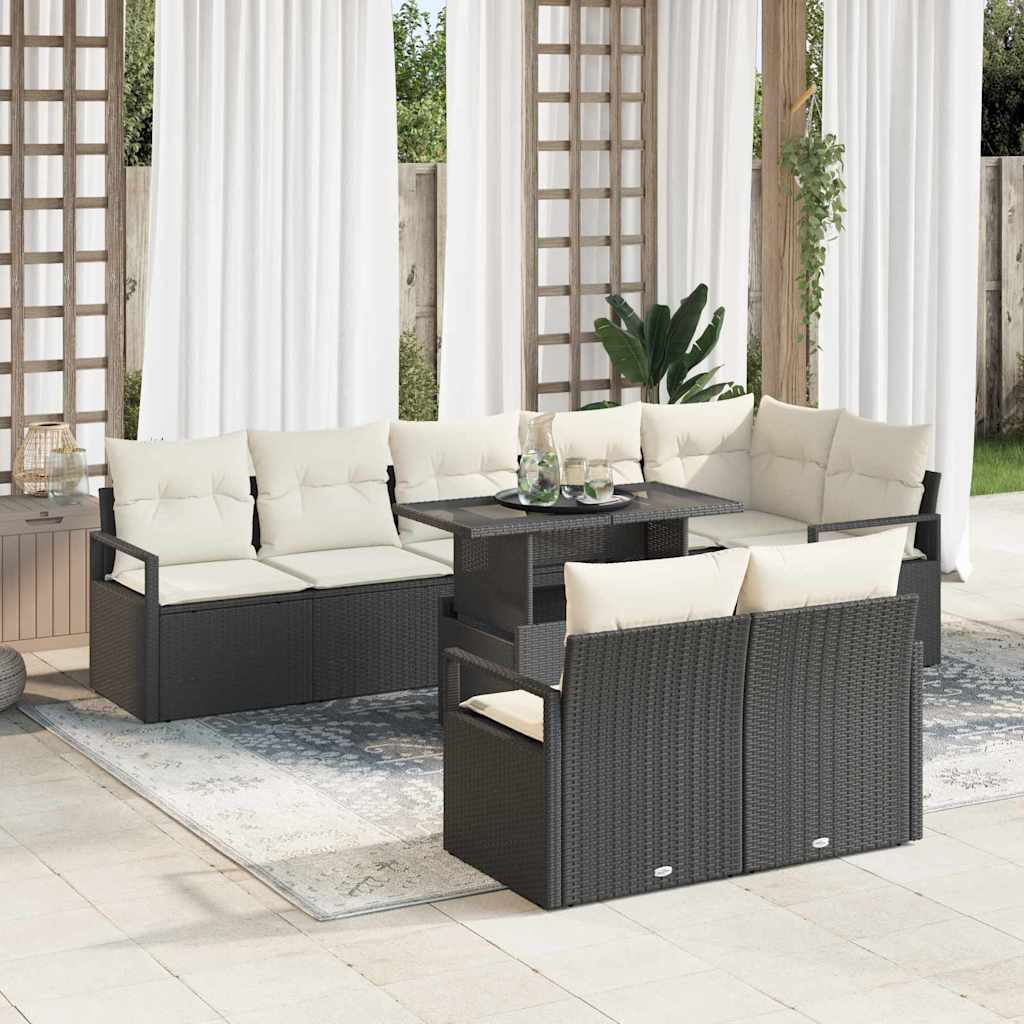 Garten-Sofa-Set mit Kissen 9 pcs Schwarz und Creme Poly-Rattan
