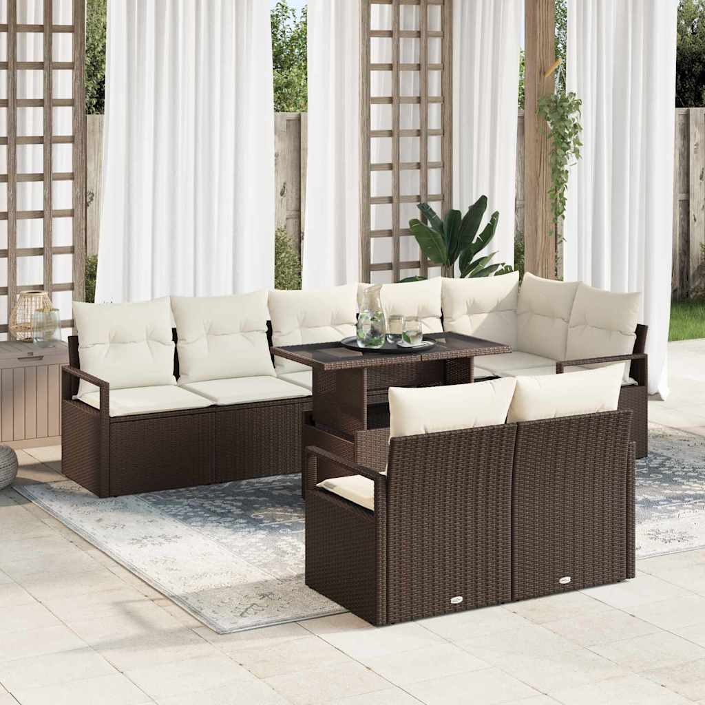 Garten-Sofa-Set mit Kissen 9 pcs Braun und Creme Poly-Rattan
