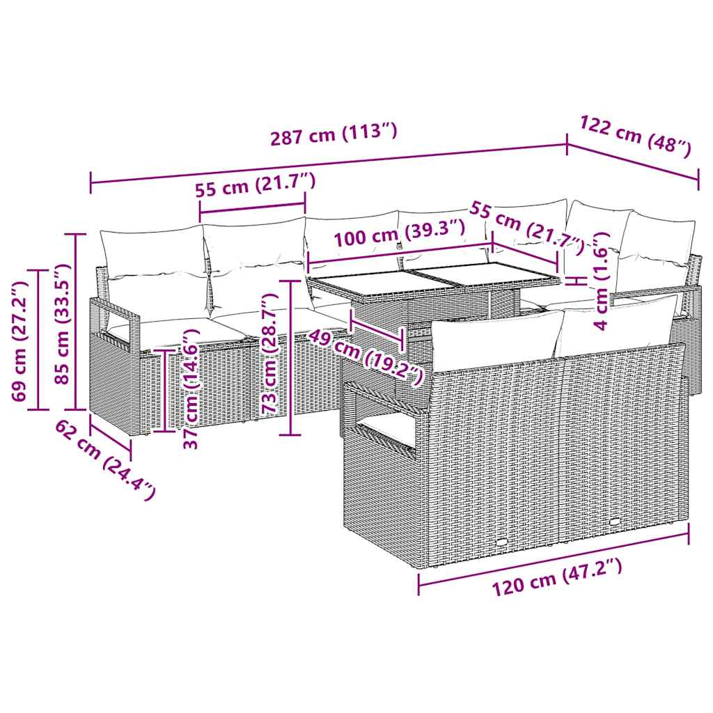 vidaXL Garten-Sofa-Set mit Kissen 9 pcs Hellgrau Poly-Rattan