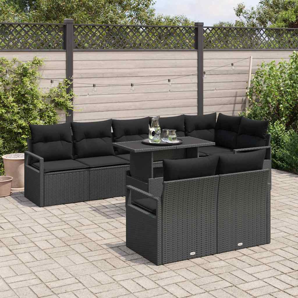 Garten-Sofa-Set mit Kissen 9 pcs Schwarz Poly-Rattan