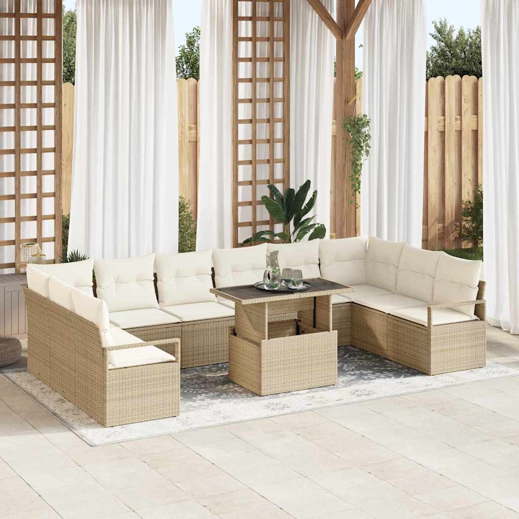 Garten-Sofa-Set mit Kissen 11 pcs Beige und Creme Poly-Rattan