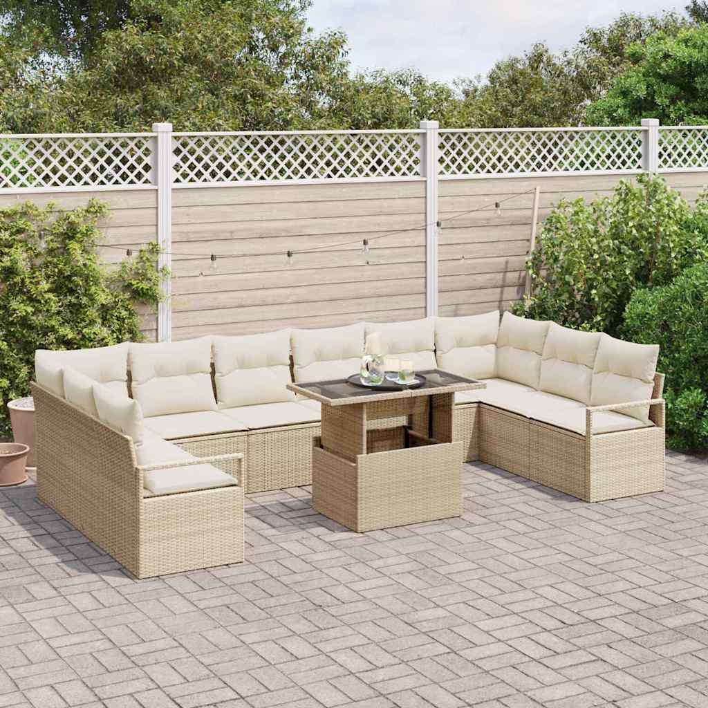 Garten-Sofa-Set mit Kissen 11 pcs Beige und Creme Poly-Rattan