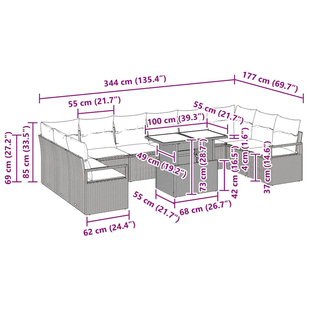 Garten-Sofa-Set mit Kissen 11 pcs Hellgrau Poly-Rattan