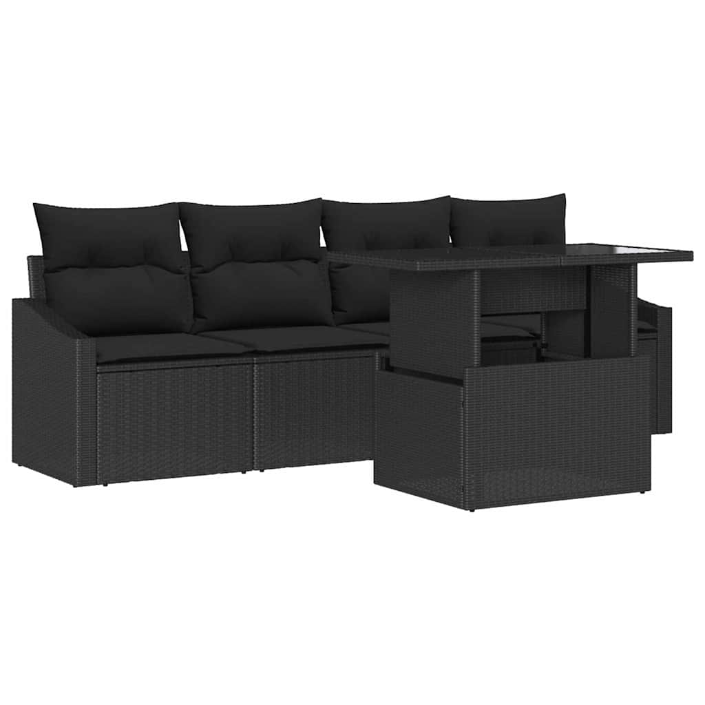 Garten-Sofa-Set mit Kissen 5 pcs Schwarz Poly-Rattan