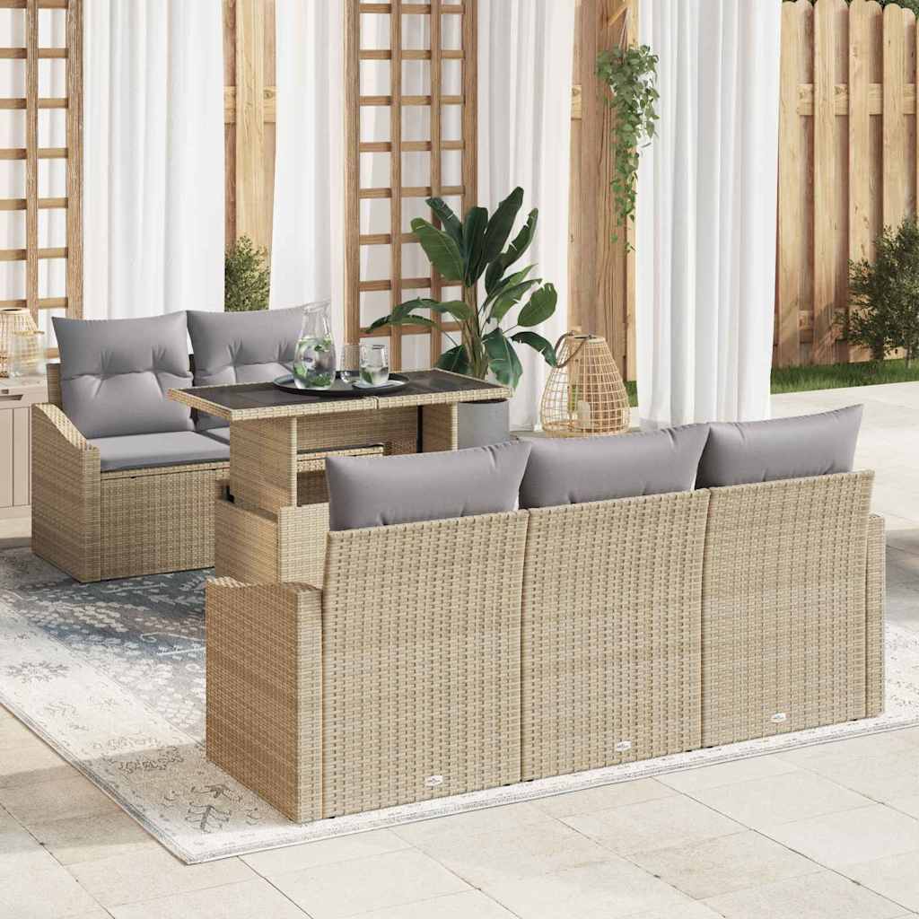 Gartensofa-set mit Kissen 6 pcs Beige und Hellgrau Poly-Rattan