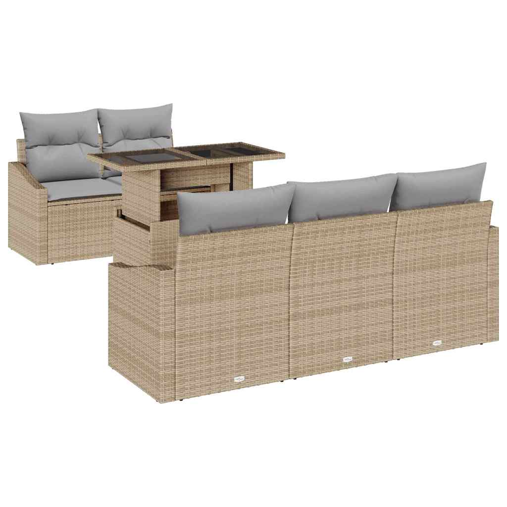 Gartensofa-set mit Kissen 6 pcs Beige und Hellgrau Poly-Rattan