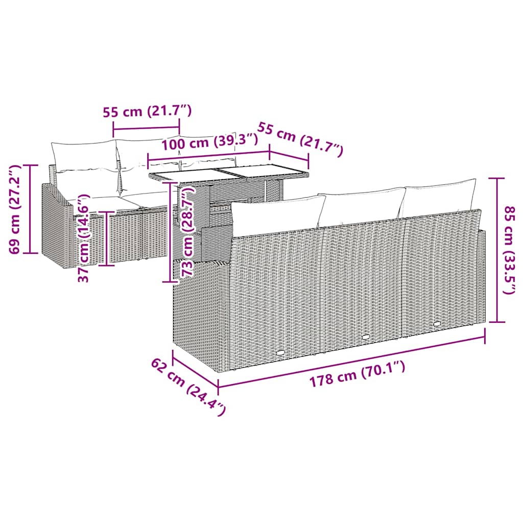 Garten-Sofa-Set 7 pcs Schwarz und Creme 100 x 55 x 73 cm