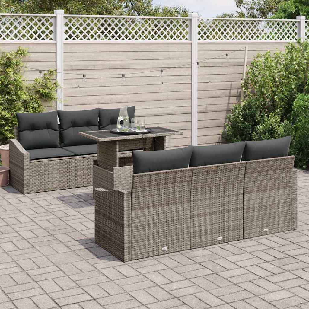 Gartensofa-set mit Speicher mit Kissen 7 pcs Grau Poly-Rattan