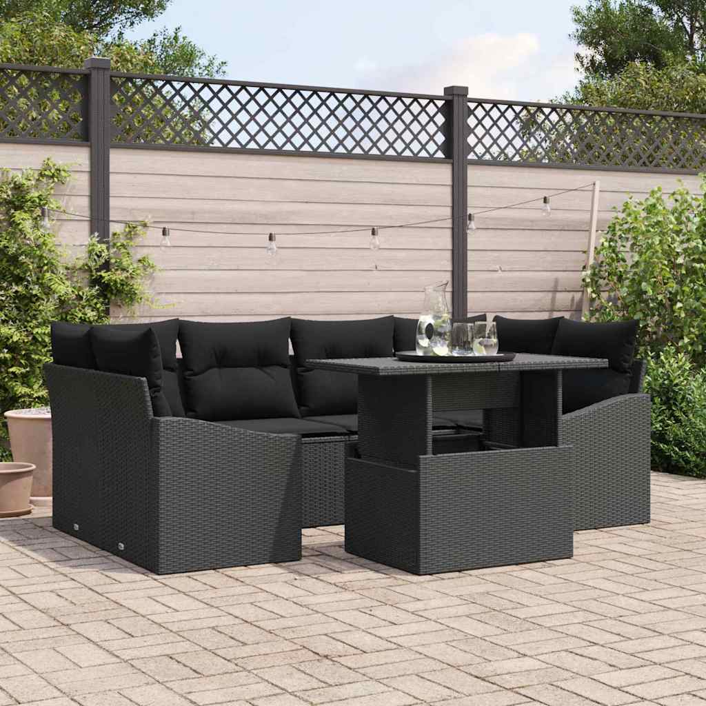 Garten-Sofa-Set mit Kissen 7 pcs Schwarz Poly-Rattan
