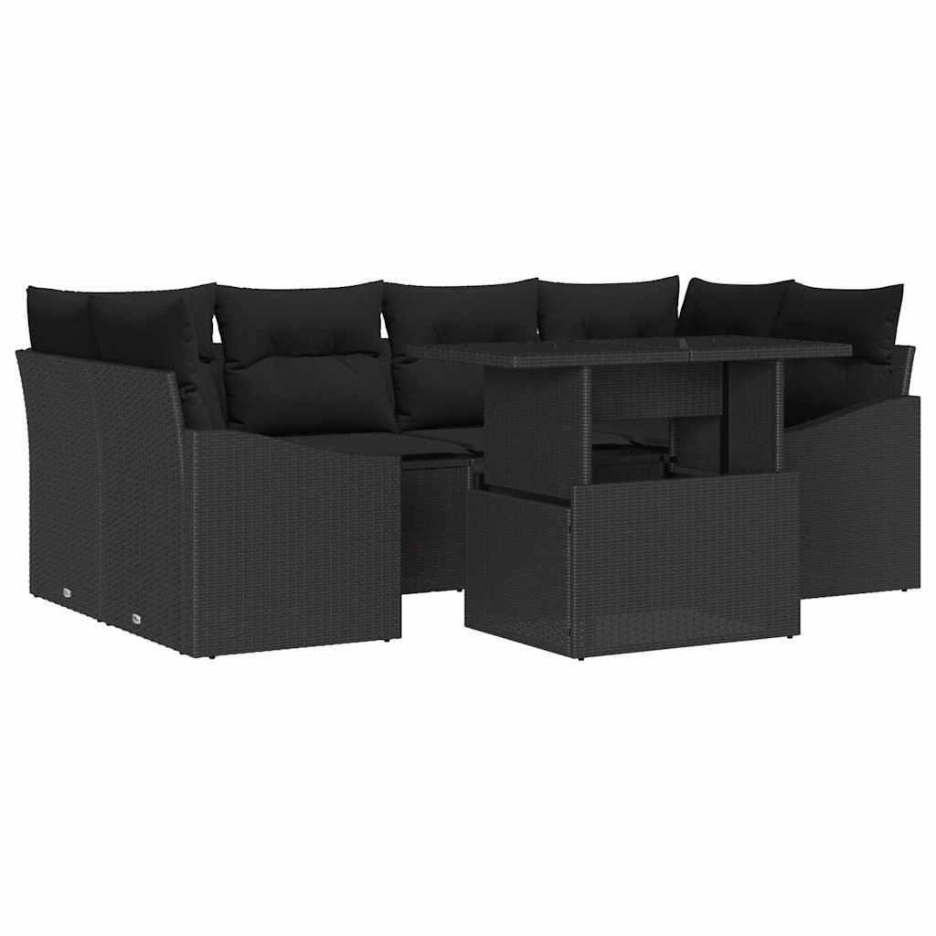 Garten-Sofa-Set mit Kissen 7 pcs Schwarz Poly-Rattan