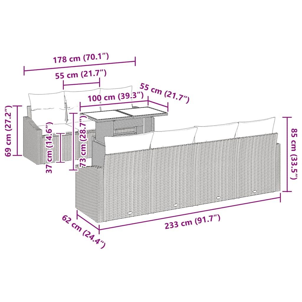 Gartensofa-set mit Kissen 8 pcs Schwarz Poly-Rattan